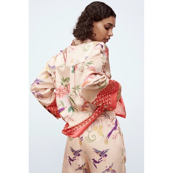 NWOT Zara champagne and coral floral, nature printed PJ inspired blouse, L - Picture 4 of 13